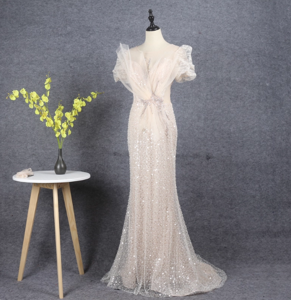 Elegant Champagne Mermaid Puff Sleeve Sequin Train Prom Dresses Evening Dresses Main image