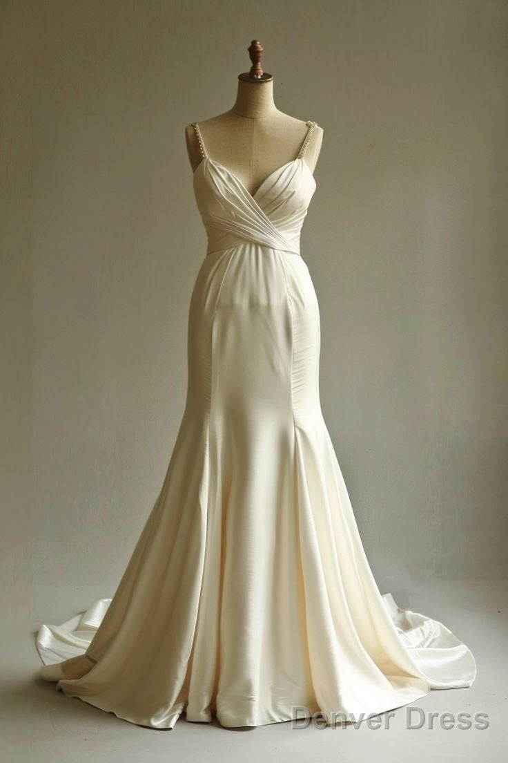 Elegant Champagne Mermaid Satin V Neck Long Prom Dress Spaghetti Strap Beaded Wedding Dresses Secondary image