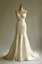 Elegant Champagne Mermaid Satin V Neck Long Prom Dress Spaghetti Strap Beaded Wedding Dresses