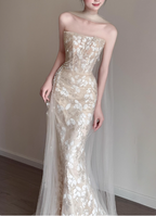 Elegant Champagne Mermaid Strapless Petal Tulle Long Prom Dresses Evening Dresses