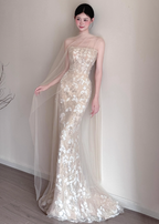 Elegant Champagne Mermaid Strapless Petal Tulle Long Prom Dresses Evening Dresses