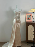 Elegant Champagne Mermaid Trailing Strapless Satin Long Prom Dresses Evening Dresses