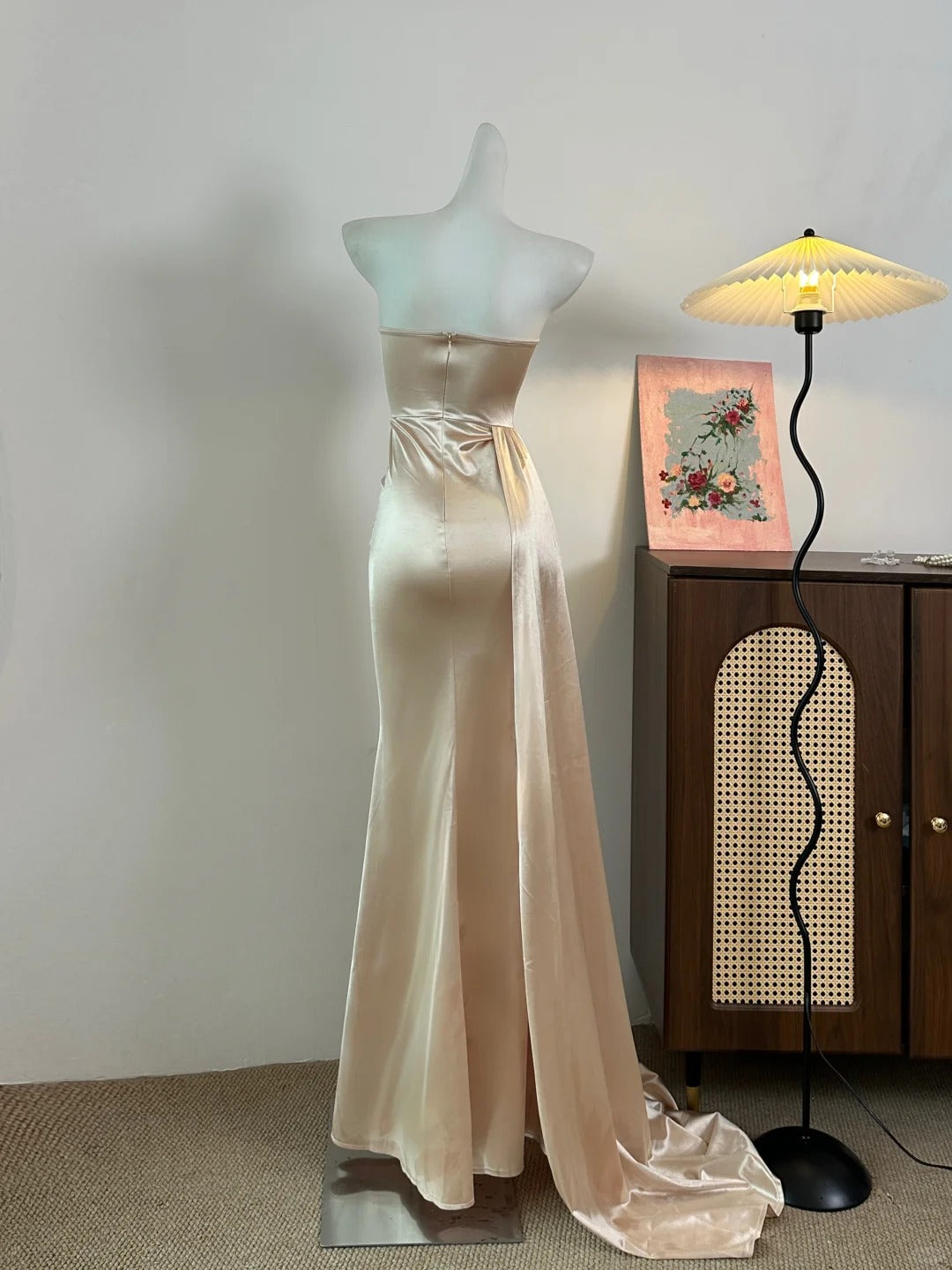 Elegant Champagne Mermaid Trailing Strapless Satin Long Prom Dresses Evening Dresses