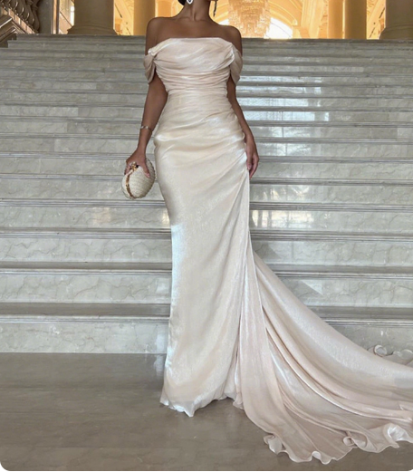 Elegant Champagne Mermaid Train Off-The-Shoulder Ruffled Satin Prom Dresses Evening Dresses