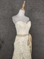 Elegant Champagne Off-White Sweetheart Neck Lace Train Prom Dresses Evening Dresses