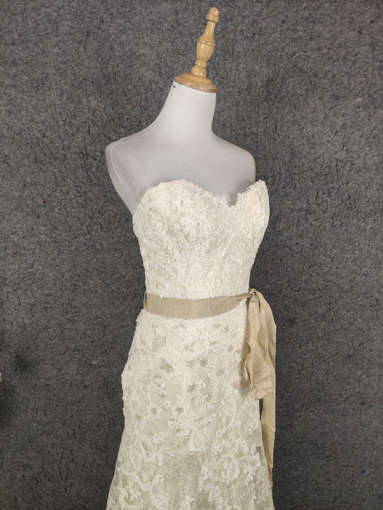 Elegant Champagne Off-White Sweetheart Neck Lace Train Prom Dresses Evening Dresses