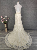 Elegant Champagne Off-White Sweetheart Neck Lace Train Prom Dresses Evening Dresses