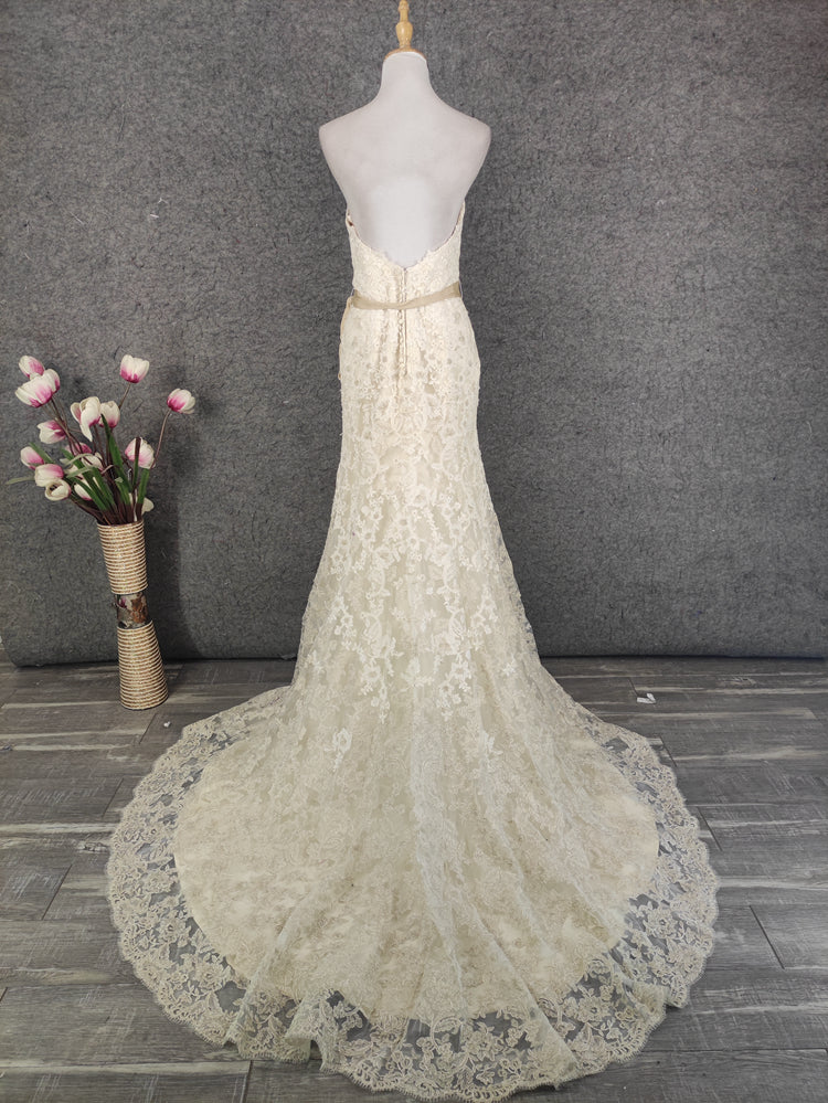 Elegant Champagne Off-White Sweetheart Neck Lace Train Prom Dresses Evening Dresses