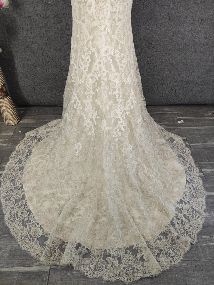 Elegant Champagne Off-White Sweetheart Neck Lace Train Prom Dresses Evening Dresses