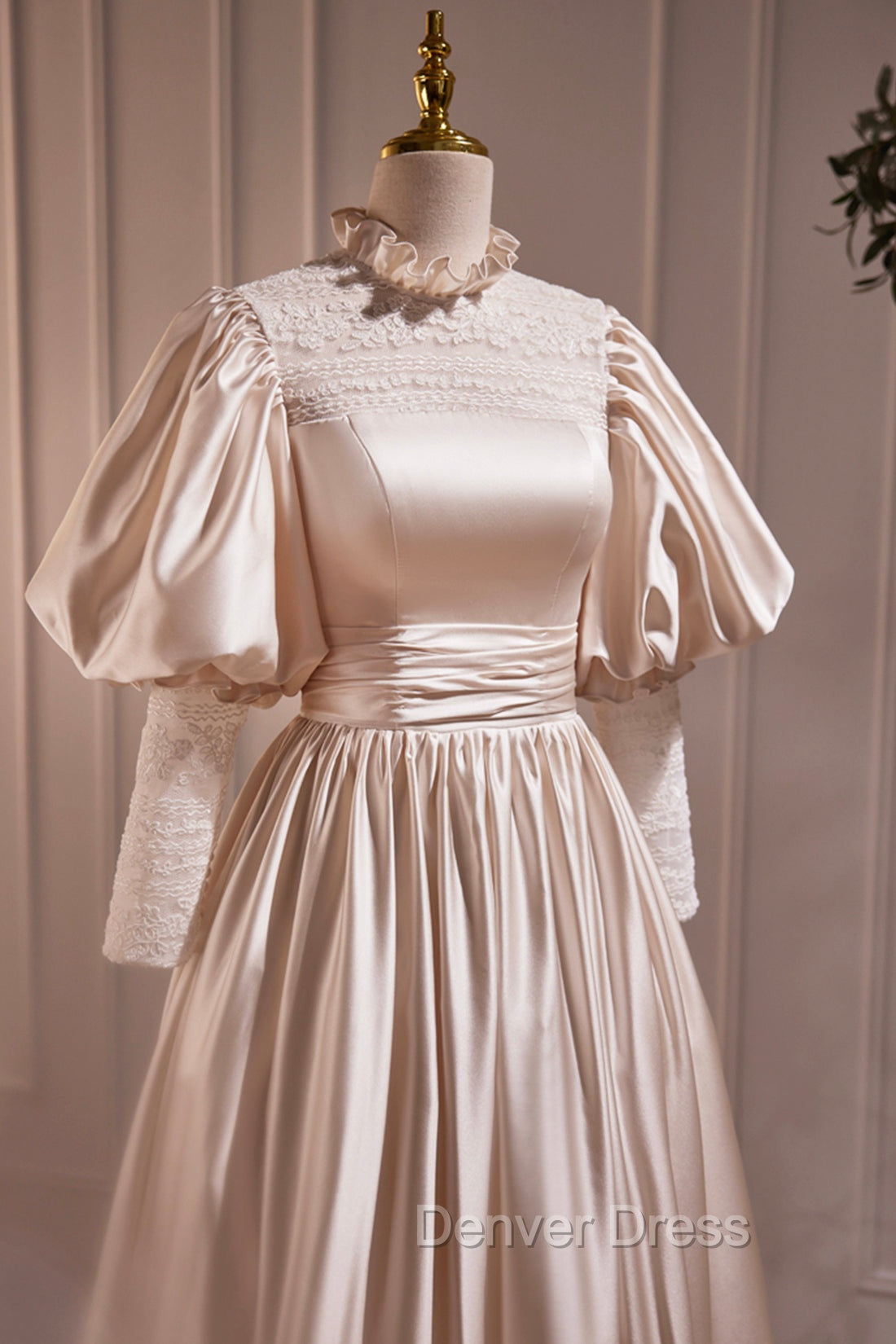 Elegant Champagne Satin A Line Prom Dress, Champagne Ruffle High Neck Puffy Short Sleeve Backless Prom Dresses