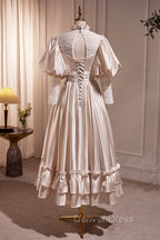 Elegant Champagne Satin A Line Prom Dress, Champagne Ruffle High Neck Puffy Short Sleeve Backless Prom Dresses