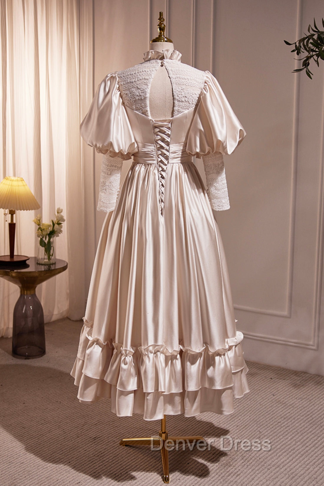 Elegant Champagne Satin A Line Prom Dress, Champagne Ruffle High Neck Puffy Short Sleeve Backless Prom Dresses