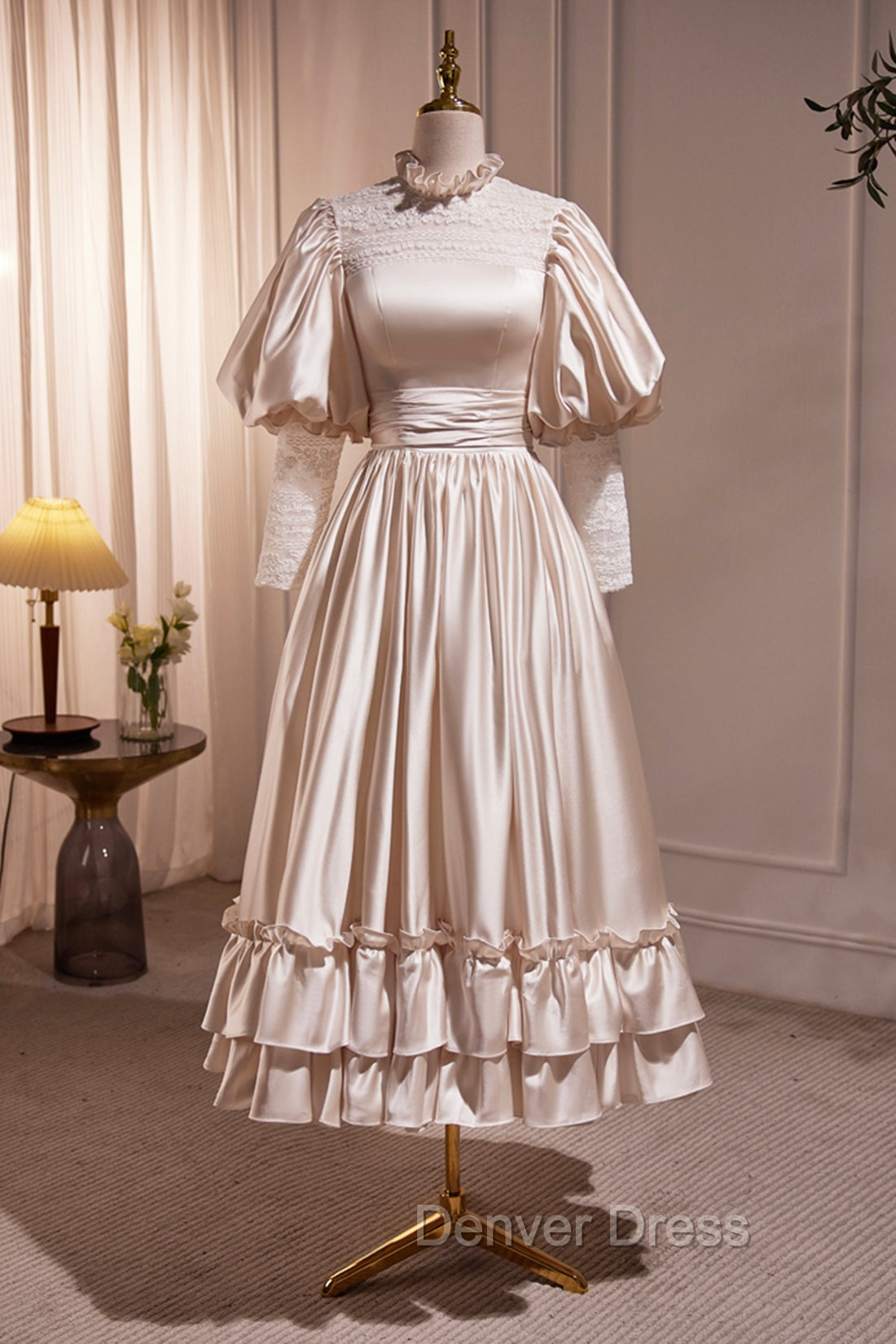 Elegant Champagne Satin A Line Prom Dress, Champagne Ruffle High Neck Puffy Short Sleeve Backless Prom Dresses