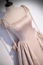Elegant Champagne Square Neck Fine Shoulder Strap Pleated Satin Ball Dress Champagne A Line Bow Lace Open Back Strap And Floor Length Prom Dresses