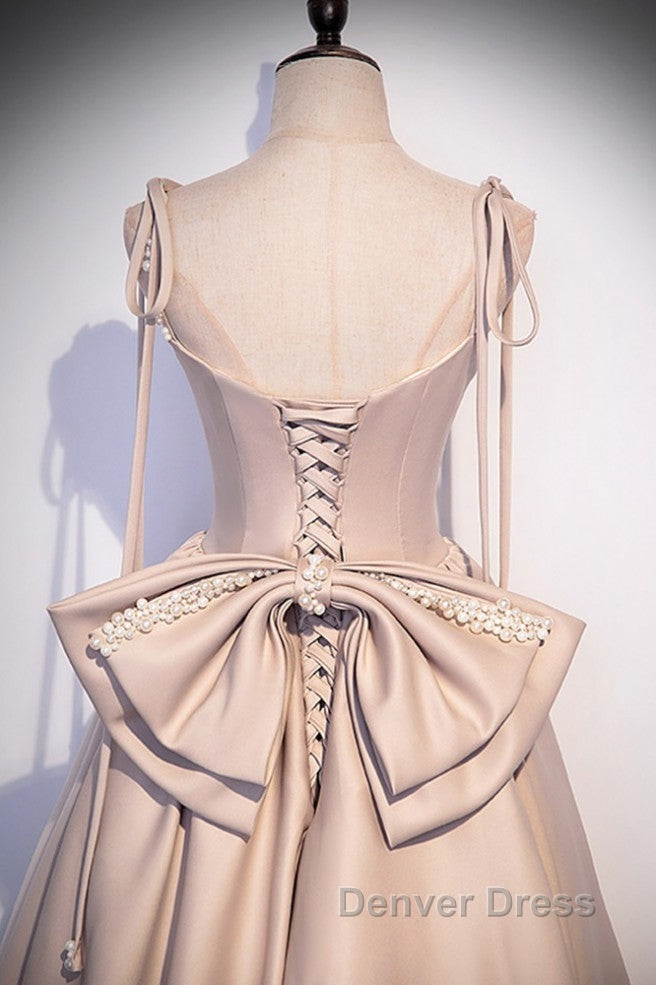 Elegant Champagne Square Neck Fine Shoulder Strap Pleated Satin Ball Dress Champagne A Line Bow Lace Open Back Strap And Floor Length Prom Dresses