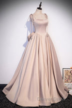 Elegant Champagne Square Neck Fine Shoulder Strap Pleated Satin Ball Dress Champagne A Line Bow Lace Open Back Strap And Floor Length Prom Dresses