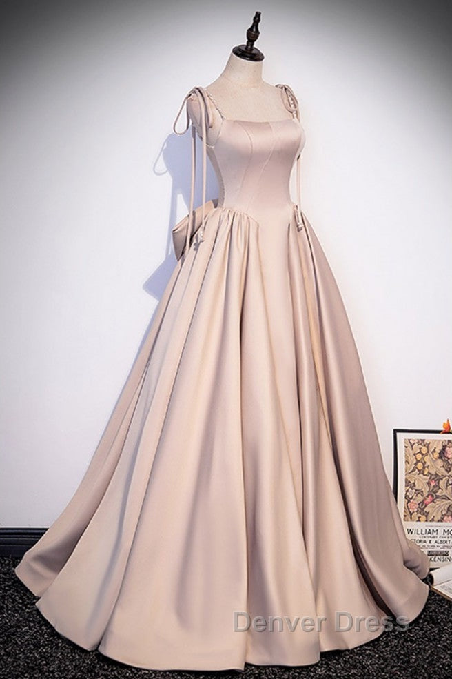 Elegant Champagne Square Neck Fine Shoulder Strap Pleated Satin Ball Dress Champagne A Line Bow Lace Open Back Strap And Floor Length Prom Dresses