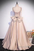 Elegant Champagne Square Neck Fine Shoulder Strap Pleated Satin Ball Dress Champagne A Line Bow Lace Open Back Strap And Floor Length Prom Dresses