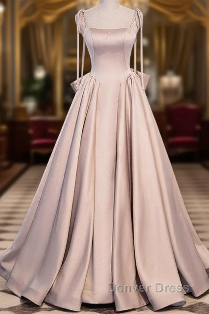 Elegant Champagne Square Neck Fine Shoulder Strap Pleated Satin Ball Dress Champagne A Line Bow Lace Open Back Strap And Floor Length Prom Dresses Main image