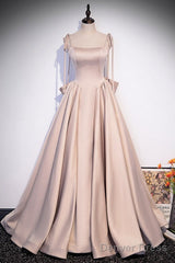 Elegant Champagne Square Neck Fine Shoulder Strap Pleated Satin Ball Dress Champagne A-Line Bow Lace Open Back Strap And Floor Length Evening Dress