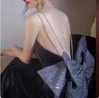 Elegant Charcoal Gray Spaghetti Strap Bow Backless Velvet Long Prom Dresses Evening Dresses