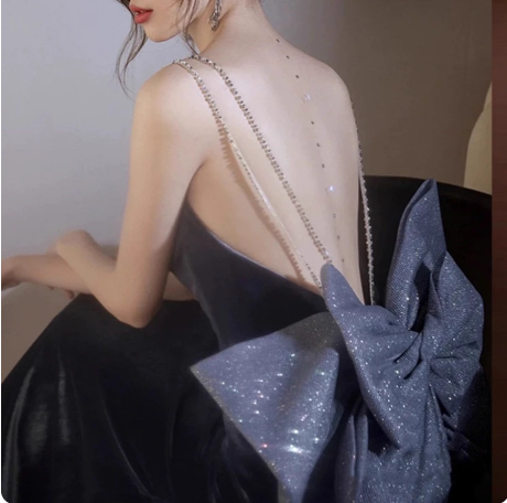 Elegant Charcoal Gray Spaghetti Strap Bow Backless Velvet Long Prom Dresses Evening Dresses