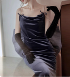 Elegant Charcoal Gray Spaghetti Strap Bow Backless Velvet Long Prom Dresses Evening Dresses
