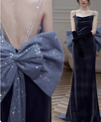 Elegant Charcoal Gray Spaghetti Strap Bow Backless Velvet Long Prom Dresses Evening Dresses
