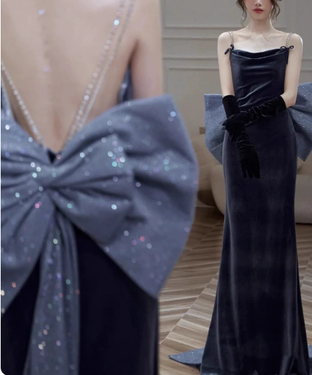Elegant Charcoal Gray Spaghetti Strap Bow Backless Velvet Long Prom Dresses Evening Dresses