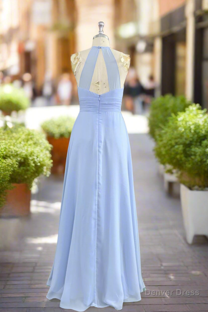 Elegant Chiffon Halter Floor Length Sky Blue Bridesmaid Dresses