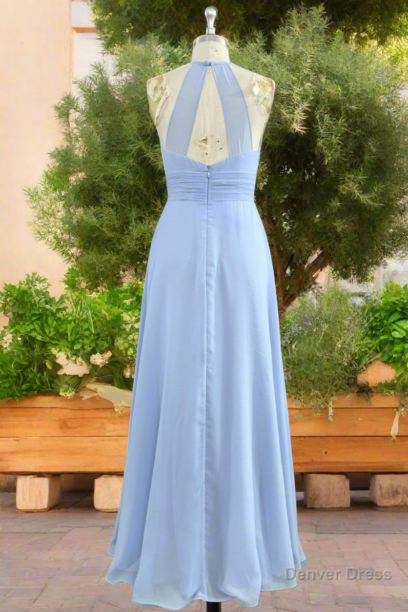Elegant Chiffon Halter Floor Length Sky Blue Bridesmaid Dresses