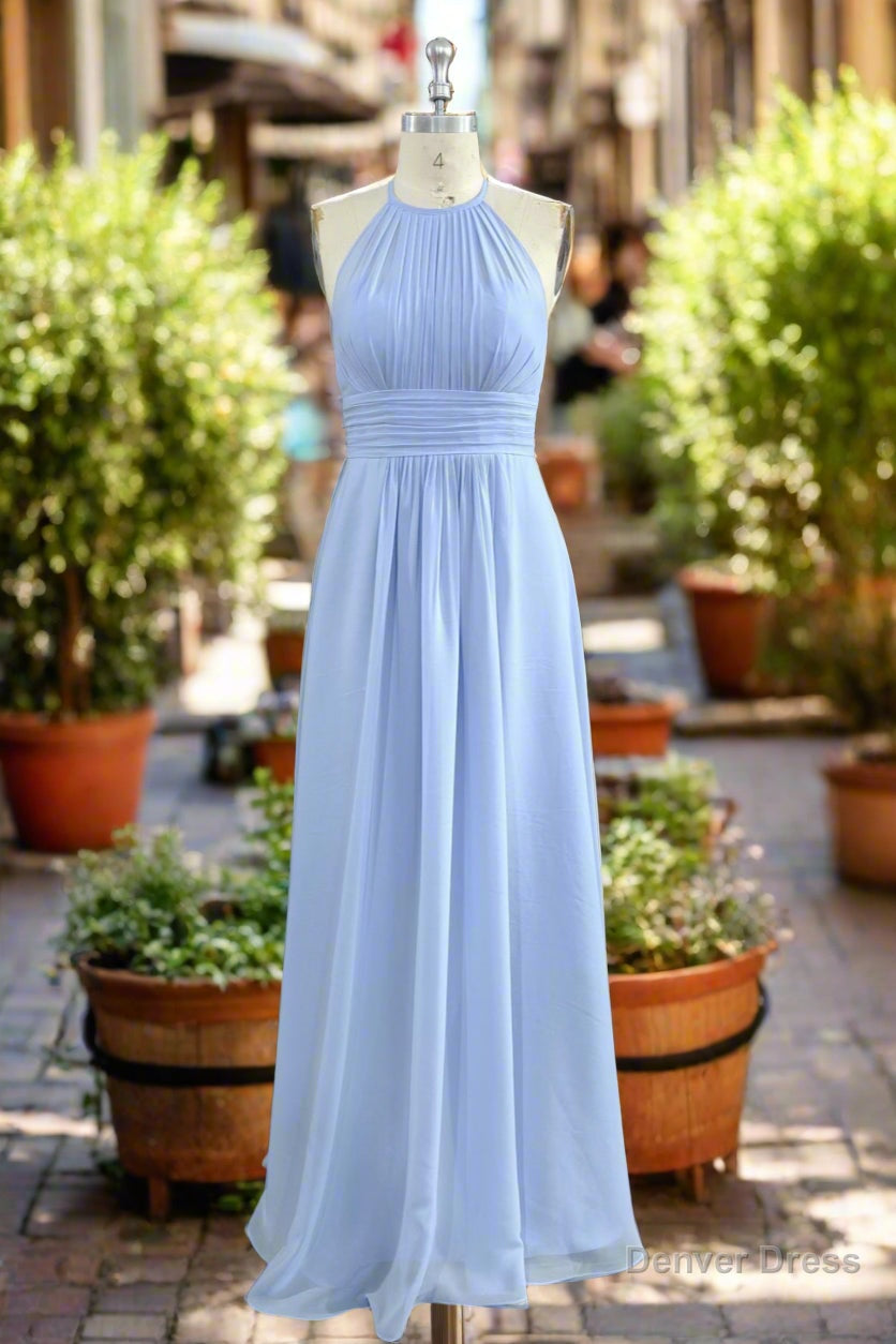 Elegant Chiffon Halter Floor Length Sky Blue Bridesmaid Dresses Secondary image