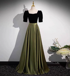 Elegant Color Block Black & Green Square Neck Short Sleeve Velvet Satin Long Prom Dresses Evening Dresses