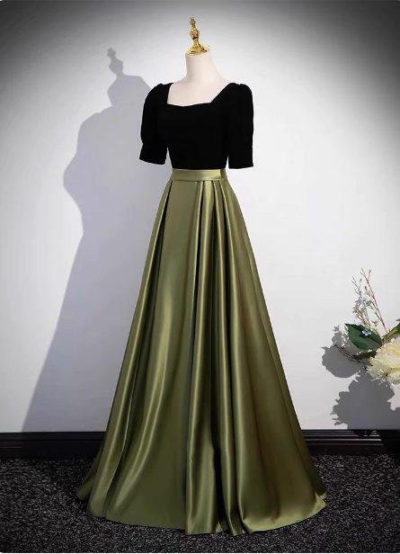 Elegant Color Block Black & Green Square Neck Short Sleeve Velvet Satin Long Prom Dresses Evening Dresses Main image