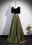 Elegant Color Block Black & Green Square Neck Short Sleeve Velvet Satin Long Prom Dresses Evening Dresses