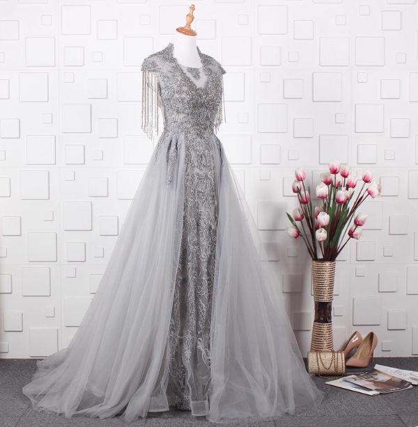 Elegant Court Grey Fringed Beaded Embroidered Tulle Train Prom Dresses Evening Dresses Secondary image