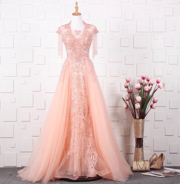 Elegant Court Grey Fringed Beaded Embroidered Tulle Train Prom Dresses Evening Dresses