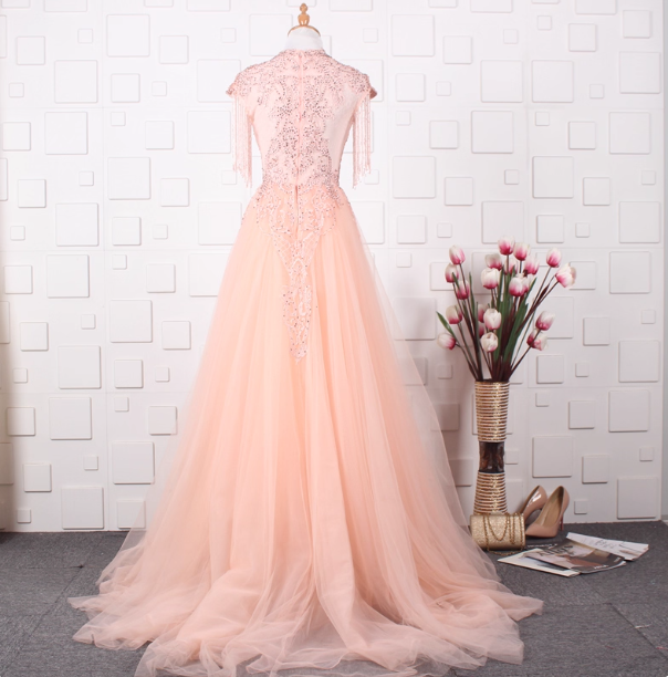 Elegant Court Grey Fringed Beaded Embroidered Tulle Train Prom Dresses Evening Dresses
