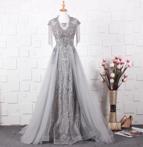 Elegant Court Grey Fringed Beaded Embroidered Tulle Train Prom Dresses Evening Dresses Main image