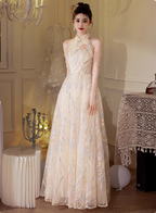 Elegant Cream Apricot A-Line Halter Neck Sequin Embroidered Pearl Fringe Tulle Long Prom Dresses Evening Dresses