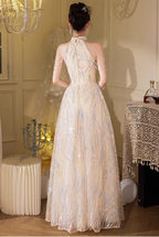 Elegant Cream Apricot A-Line Halter Neck Sequin Embroidered Pearl Fringe Tulle Long Prom Dresses Evening Dresses