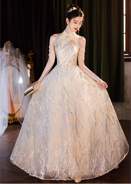 Elegant Cream Apricot A-Line Halter Neck Sequin Embroidered Pearl Fringe Tulle Long Prom Dresses Evening Dresses