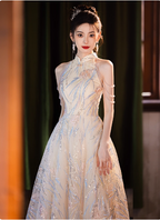 Elegant Cream Apricot A-Line Halter Neck Sequin Embroidered Pearl Fringe Tulle Long Prom Dresses Evening Dresses