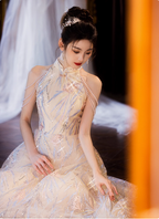 Elegant Cream Apricot A-Line Halter Neck Sequin Embroidered Pearl Fringe Tulle Long Prom Dresses Evening Dresses