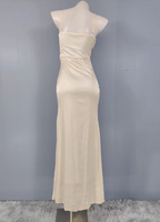 Elegant Cream Apricot Spaghetti Strap V-Neck Ruffled Satin Long Prom Dresses Evening Dresses Bridesmaid Dresses