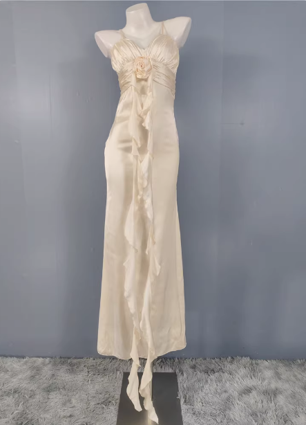 Elegant Cream Apricot Spaghetti Strap V-Neck Ruffled Satin Long Prom Dresses Evening Dresses Bridesmaid Dresses Main image