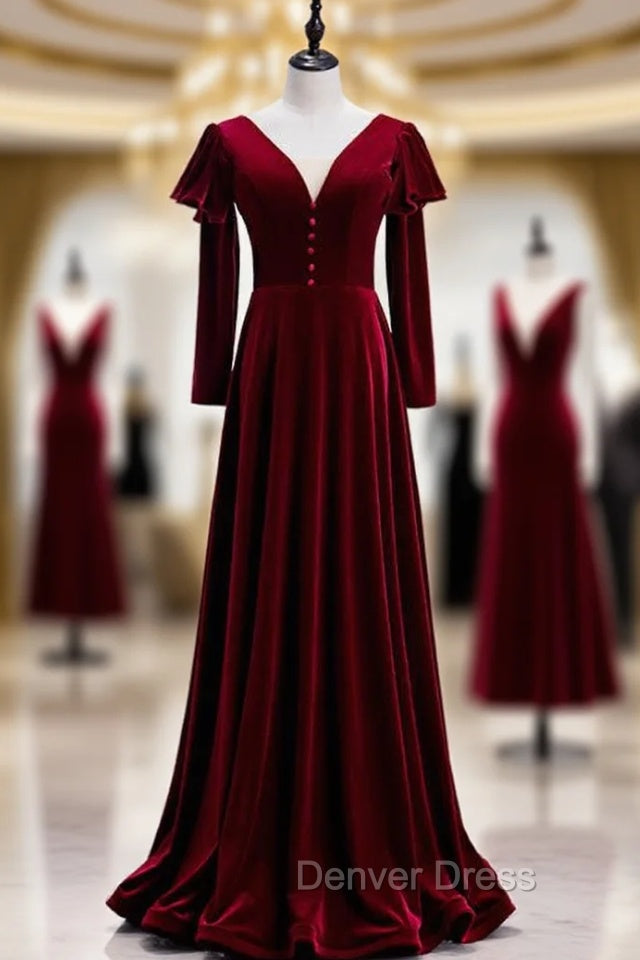 Elegant Dark Burgundy Velvet Long Sleeve Prom Dresses