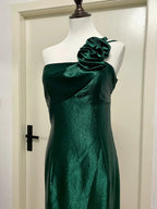 Elegant Dark Green 3D Floral One-Shoulder Satin Long Prom Dresses Evening Dresses
