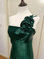 Elegant Dark Green 3D Floral One-Shoulder Satin Long Prom Dresses Evening Dresses