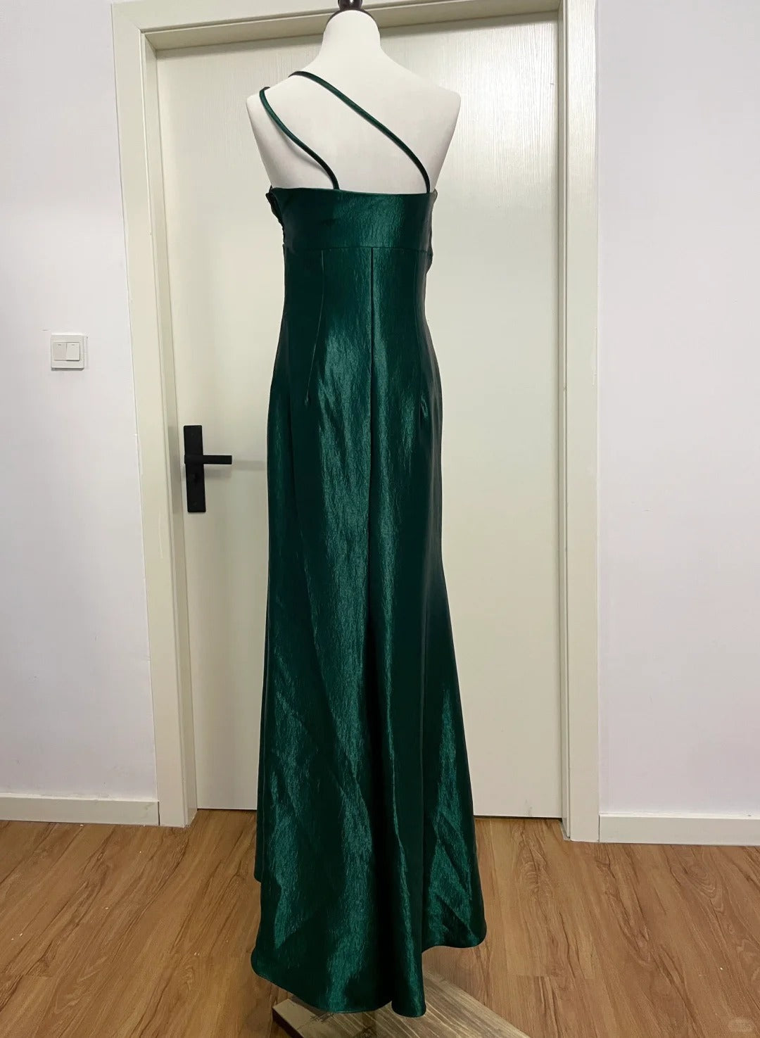 Elegant Dark Green 3D Floral One-Shoulder Satin Long Prom Dresses Evening Dresses